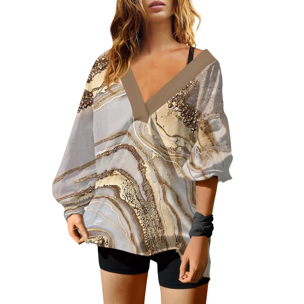 Женская мода V-образный вырез длинный рукав принтованный свободный пуловер свитшот топ