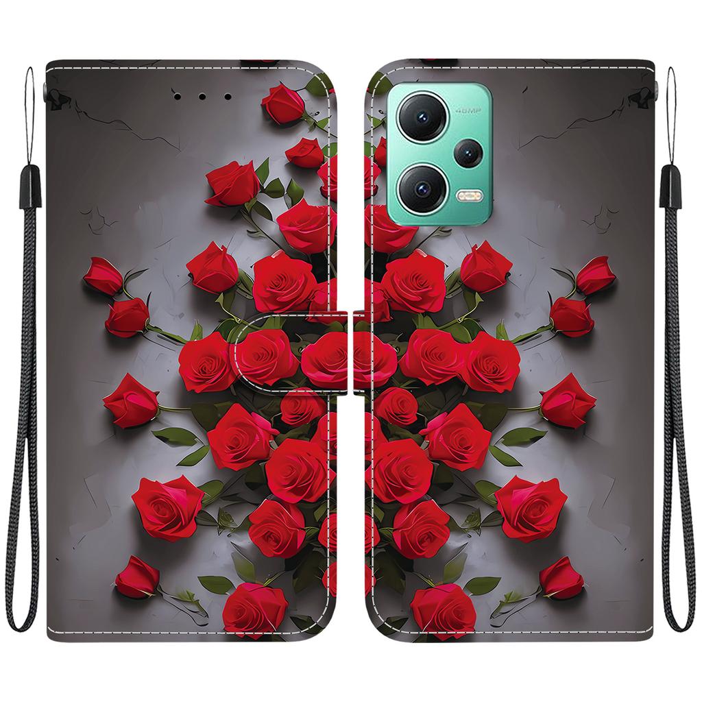 Handmade PU Leather Flip Case for Redmi Note 12 5G/Xiaomi Poco X5 Anti-Slip Shockproof Cover with Wrist Strap & Heart/Rose Cat Designs