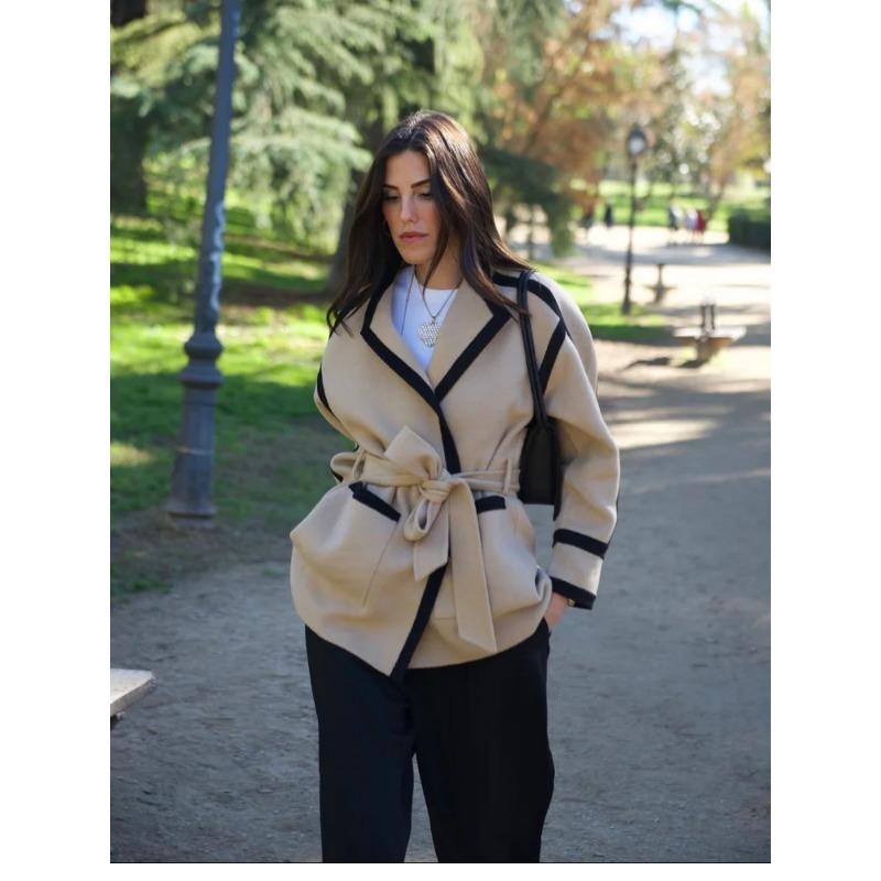 Turndown Collar Lace Up Women's Coat Casual Cardigan Thickened Warm Loose Long Sleeve Commute Outerwear Elegant Warm Jacket New Fashion Autumn Winter