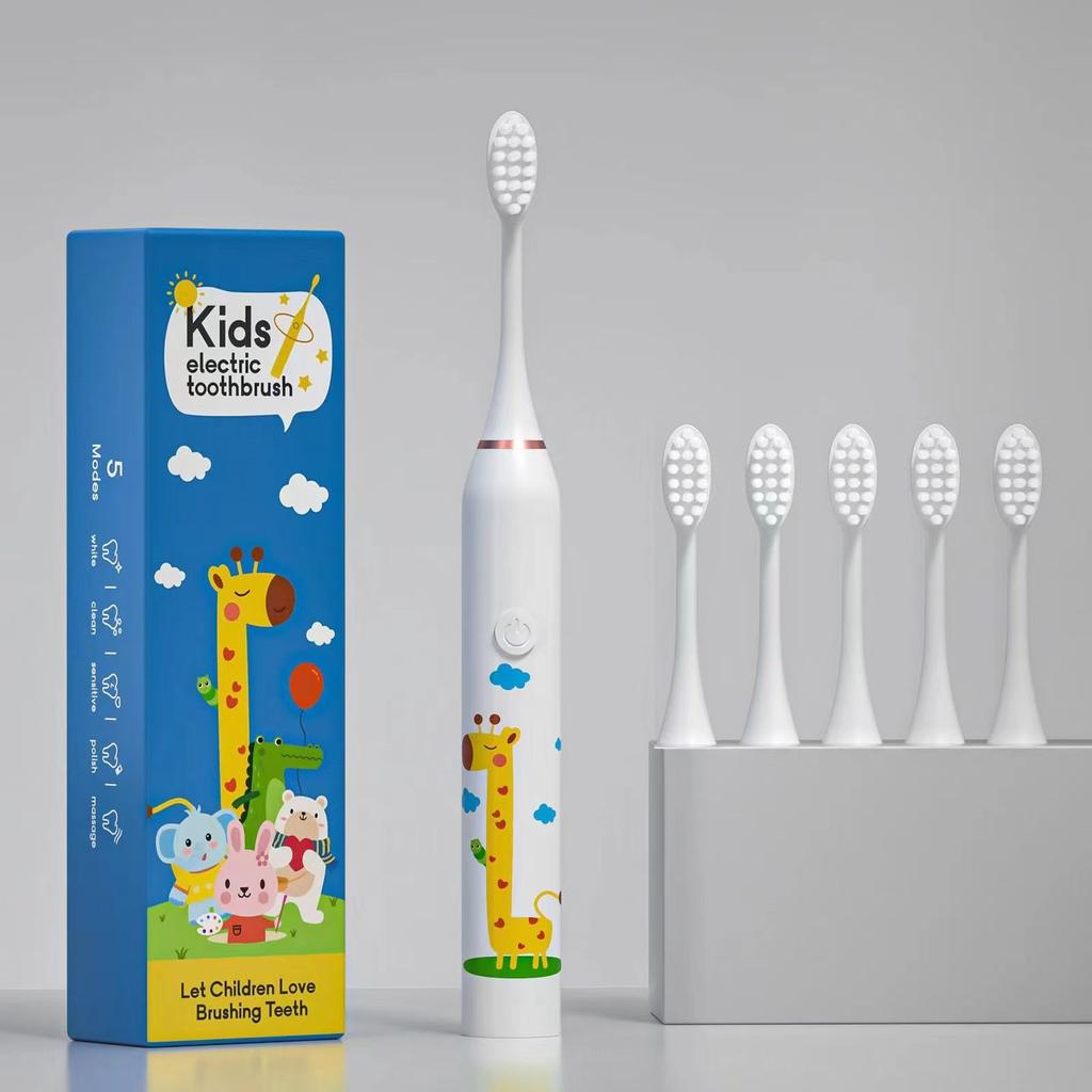 Детская электрическая зубная щетка с аккумулятором, мультяшная, для детей, с 4/6 сменными головками, ультразвуковая, водонепроницаемая, IPX7, звуковая зубная щетка