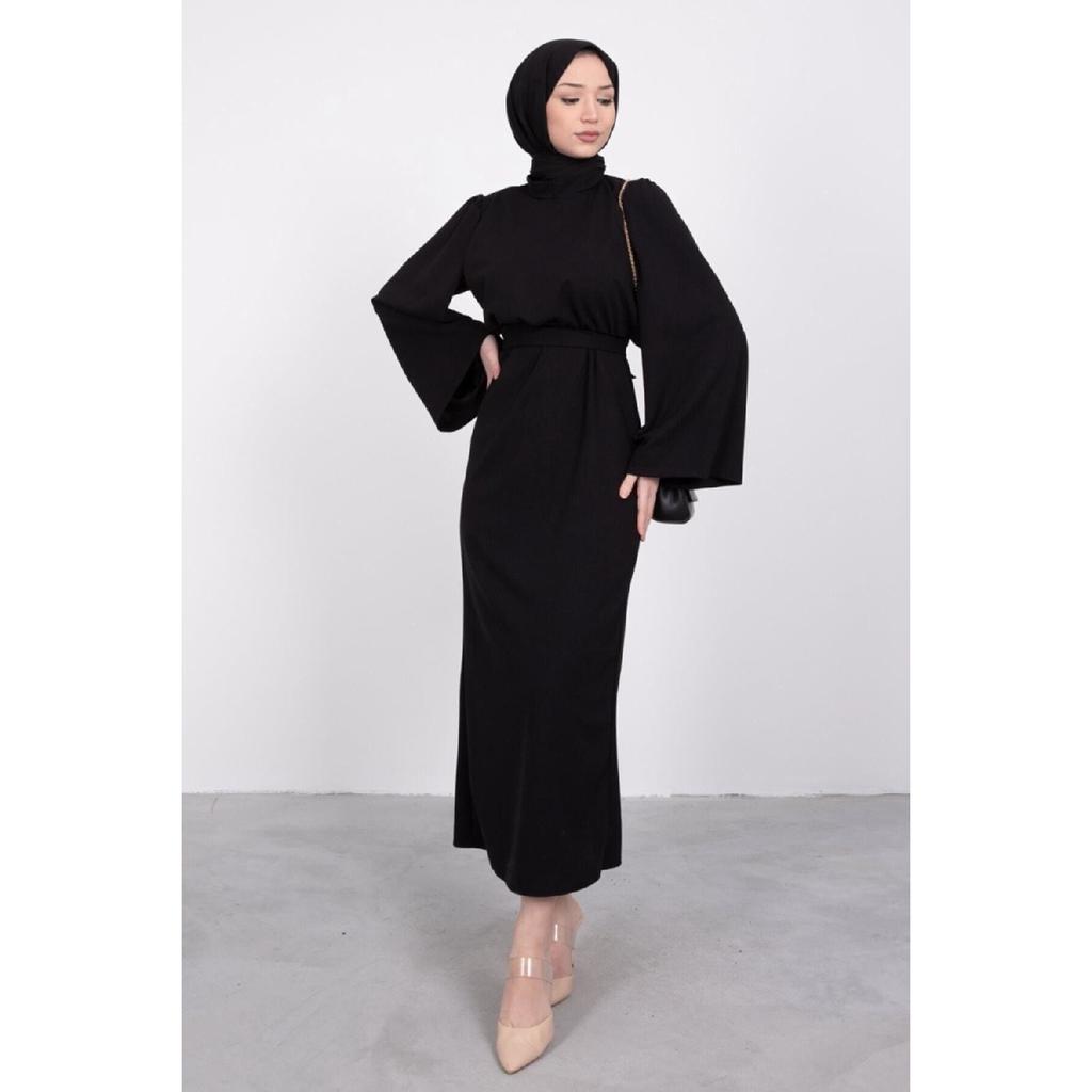 Платье-хиджаб с воланами и поясом, черное