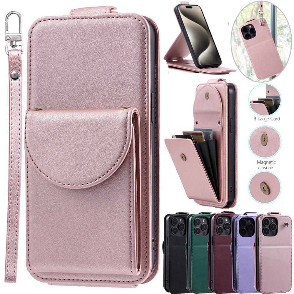 Wallet Card Slot Wrist Strap Flip Leather Case Cover for iPhone 15 14 Plus 13 12 11 Pro Max XSMAX for Samsung S24 S23 S22 S21 S20 Ultra Plus A15 A54