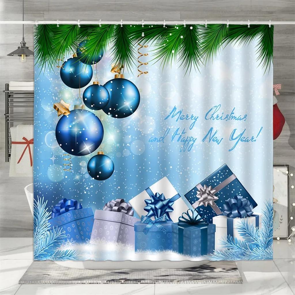 Christmas Shower Curtain, Winter Colourful Christmas Balls Pine Needle Gifts Merry Christmas Wreath Polyester Bathroom Decor
