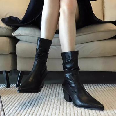 Модные Новые Роскошные Женские Кожаные Сапоги для Женщин Осень Зима на Массивном Каблуке Ковбойские Сапоги Женские Свободные Голенища до Середины Икры Плиссированные Западные Сапоги