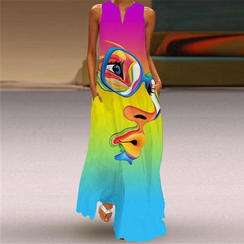 Женская мода лето весна цветочный принт без рукавов V-образный вырез свободные повседневные платья