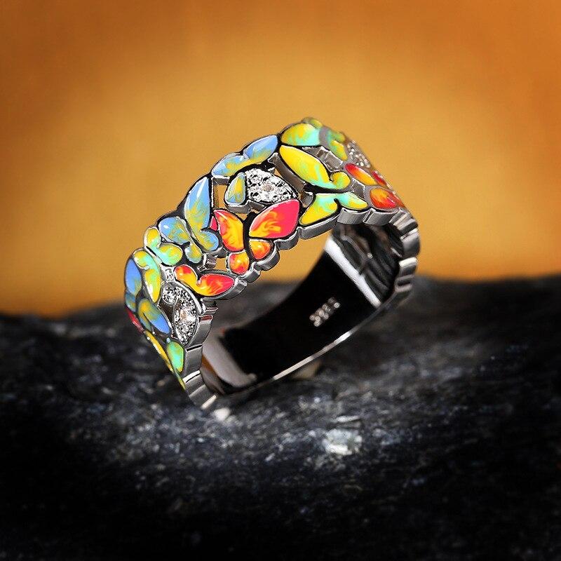 Изысканное кольцо для женщин золотого цвета, сверкающее розовое, синее сапфировое кольцо с бабочкой, модные ювелирные украшения, эмалированные украшения ручной работы для вечеринок