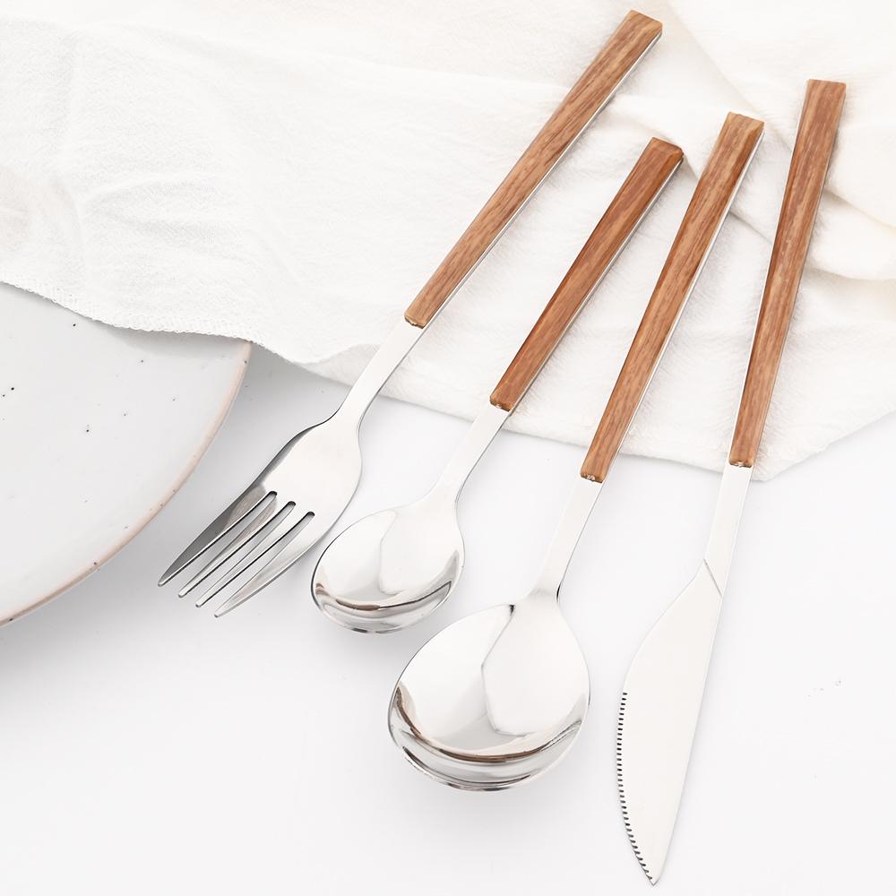 5 шт., набор столовой посуды с деревянной ручкой, посуда из нержавеющей стали, нож для стейка, вилка, десертная ложка, столовые приборы, кухонные столовые приборы в западном стиле