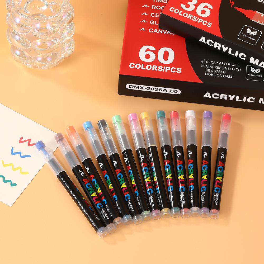 Direct Ink Acrylic Marker Set, Soft Tip Watercolor Brush Pen for Students, Waterproof Doodle Markers, 48/60 Colors Optional