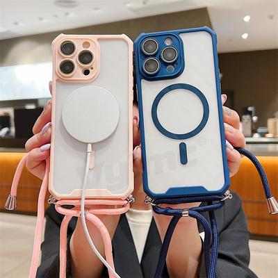 Магнитный прозрачный чехол для iPhone 15 14 13 12 11 Pro Max Plus для Magsafe Crossbody Lanyard Жесткий акриловый чехол