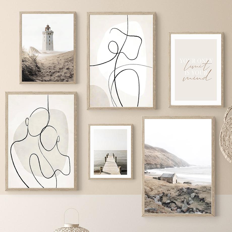 Бежевый Камыш из Морской Травы Одуванчик Линейные Фигуры Настенное Искусство Холст Живопись Постеры и Принты Картинки для Отеля Бара для Декора Гостиной