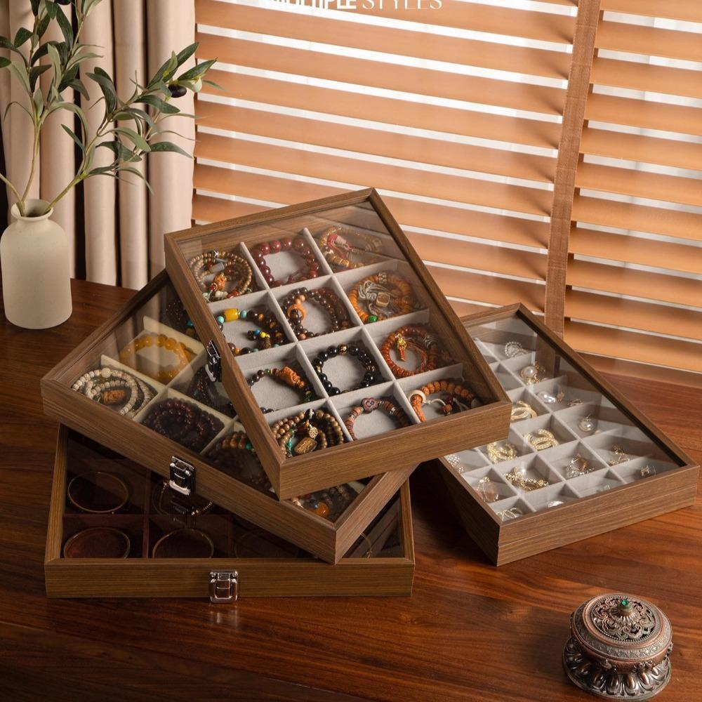 Large Capacity Wooden Jewelry Tray Dust-proof Jewelry Display Box Jewelry Display