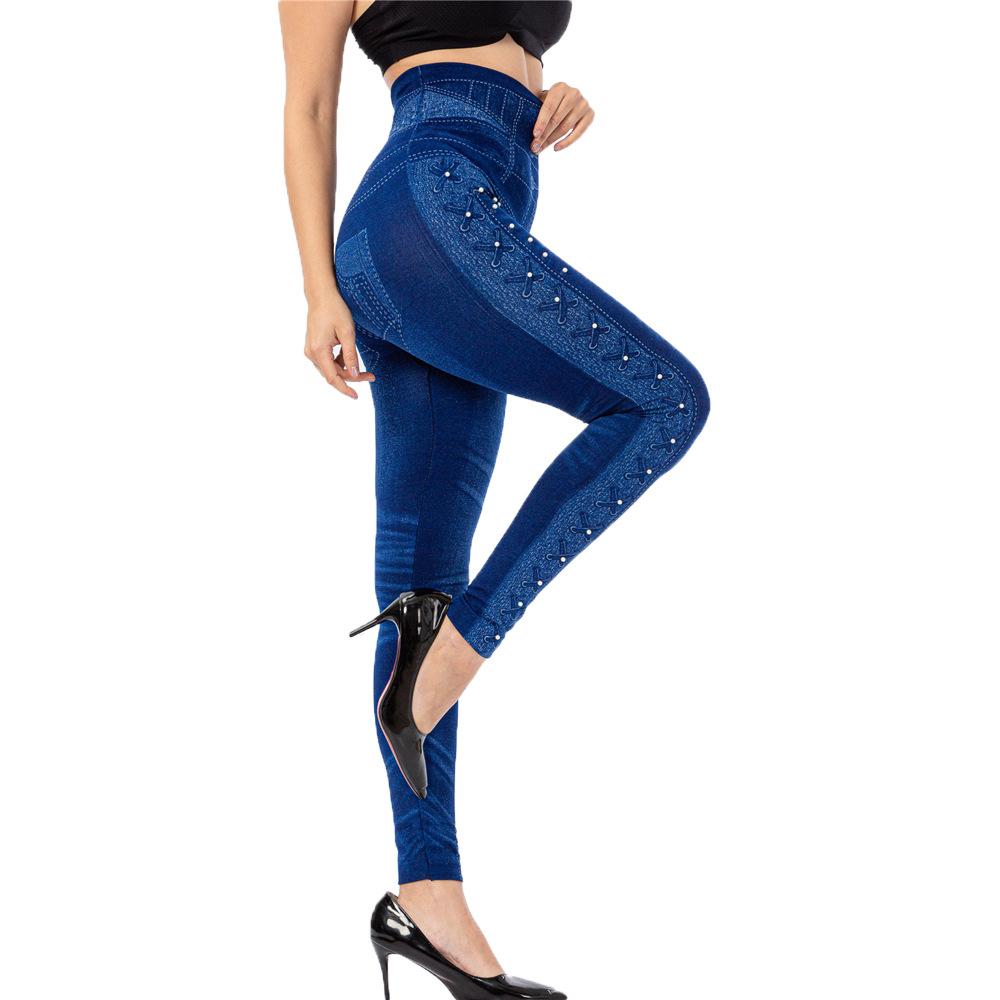 Skinny Workout Leggings Pencil Pants Female Faux Denim Bead Design Running Leggins Slim High Waist Elastic Seamless