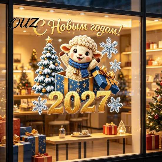 Waterproof PVC Wall Art Russian New Year Sheep Window Cling 2027, Removable Static Sticker with Easy to Clean Glass Appliques Tree and Snowflake