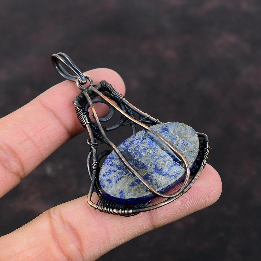 Кулон из лазурита, кулон, обернутый медной проволокой, украшение из лазурита, кулон ручной работы, дизайнерский кулон, подарок для нее, украшение из меди с драгоценным камнем
