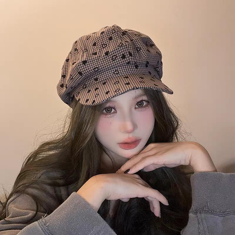 Small plaid love octagonal hat children spring summer early autumn new age-reducing retro newsboy hat painter hat