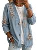 Women's V-Neck Digital Print Cardigan - Solid Color, Comfortable & Casual European-American Style