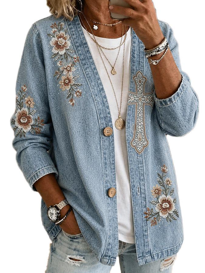 Women's V-Neck Digital Print Cardigan - Solid Color, Comfortable & Casual European-American Style