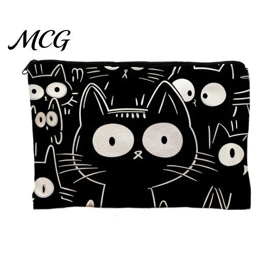 Leak-proof Storage Pouch Cat Printed Bag, with Smooth Zipper, Thickened Polyester Black Zipper Bag Makeup Multipurpose Pencil Case Travel Toiletry