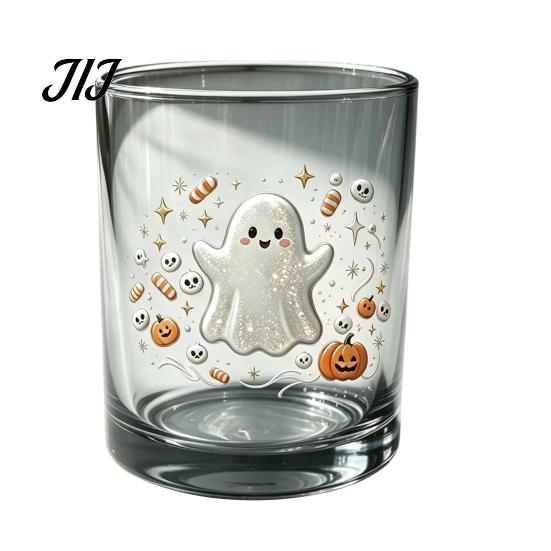 Cute Ghost Drinking Glasses Halloween Glass Cup, Colorful Gradient Aesthetic Tumbler with Whiskey Juice Soda Pumpkin Skull Print, Spooky Party