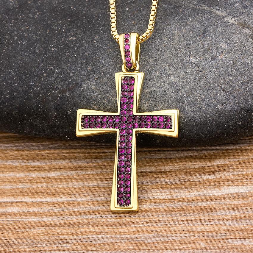 Nidin New Design Cross Blue Crystal Pendant Chain Necklace Copper Cubic Zircon Choker 4 Colors Choice Religion Jewelry Gifts