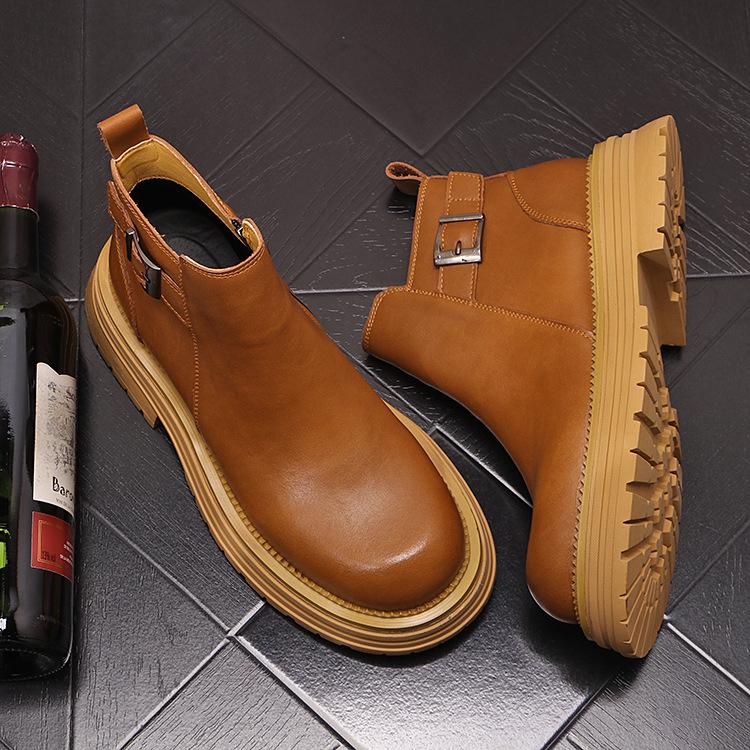 Men's Chelsea Leather Slip-On Boots - High-Top, British Style, with Inner Height Increase and Martin Boot Warmth.