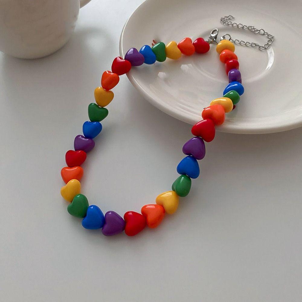 Colorful Rainbow Necklace Acrylic Love Heart Beaded Necklace Collarbone Chain For Couples