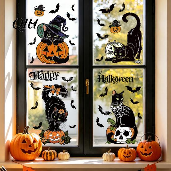 Pumpkin Glass Decoration 4 Sheets Halloween Black Cat Window Clings, Spooky Reusable Seasonal Adsorption Sticker, Double Sided Static Decals for Door