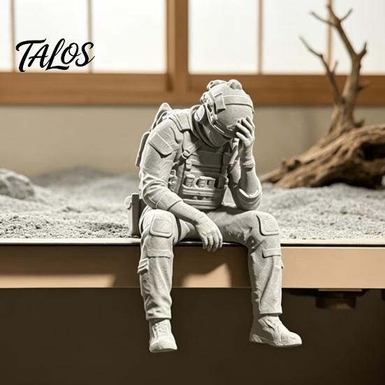Talos 3D Printed Soldier Figurine Ornament, Sitting Tactical Statue, Funny Tired Sculpture for Table Shelf Edge Decor