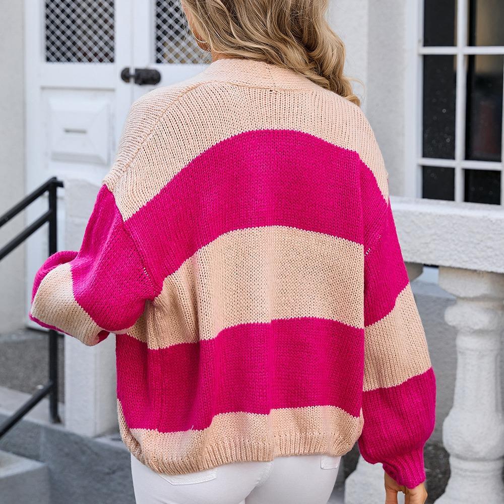 Autumn and Winter Women's Cardigan Sweater Patchwork Colour Block Cardigan Knit Jacket