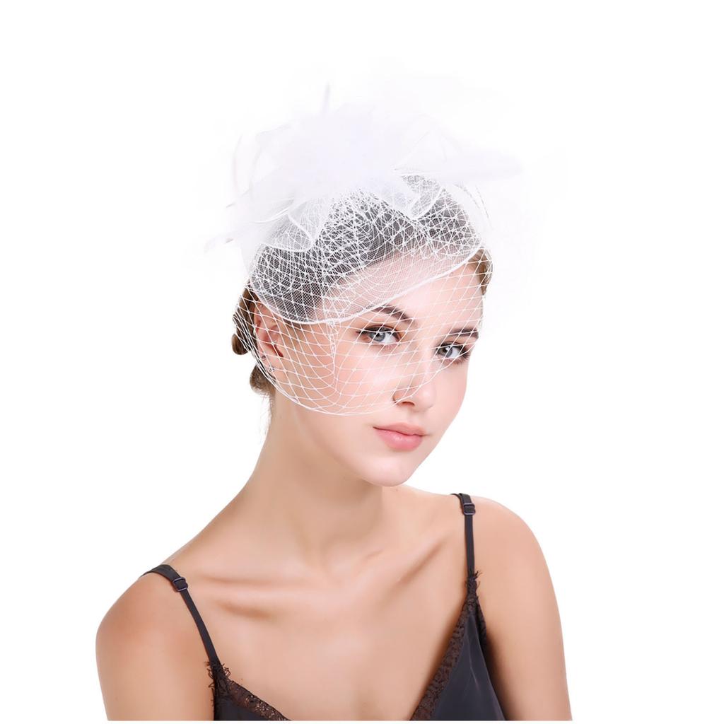 (Projector)Women Flower Mesh Ribbons Feathers Headband Cocktail Tea Party Hat Headwear