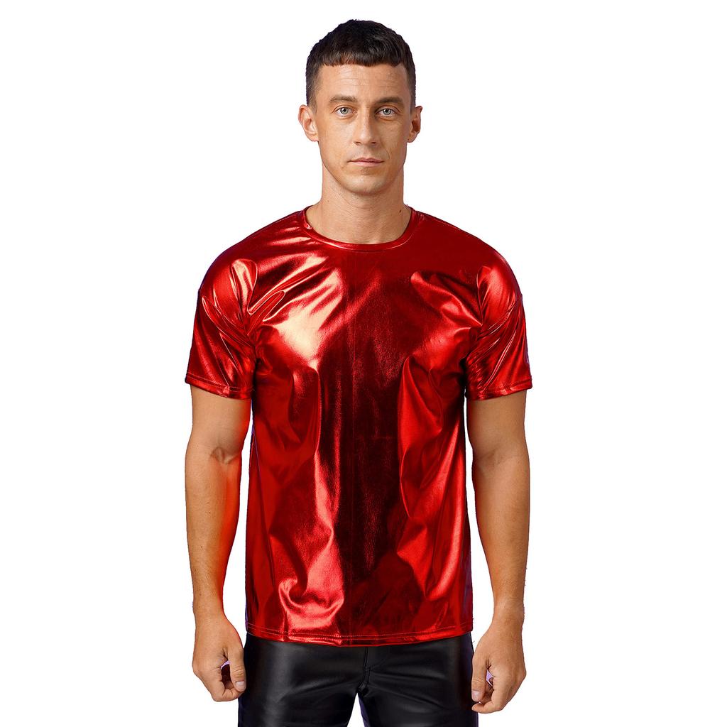 Мужской блестящий топ с металлическим отливом, круглым вырезом и короткими рукавами для клубных шоу или танцевальных вечеринок