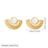 DIEYURO Gold Plated Sunburst Earrings for Women 316L Stainless Steel White Enamel Shell Fan Shaped Earbob Vintage Jewelry