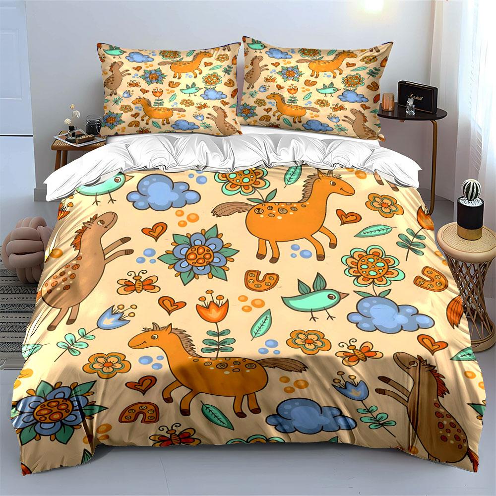 Cute Horses and Nature Pattern Bedding Duvet Cover Set  (1*Duvet Cover 2*Pillowcases, without duvet insert)