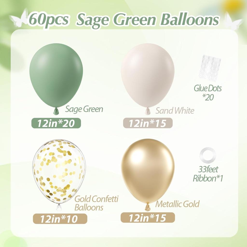 60Pcs Sage Green Sand White Metallic Gold Confetti Balloons for Boho Birthday Wedding Bridal Baby Shower Engagement Party Decor 5