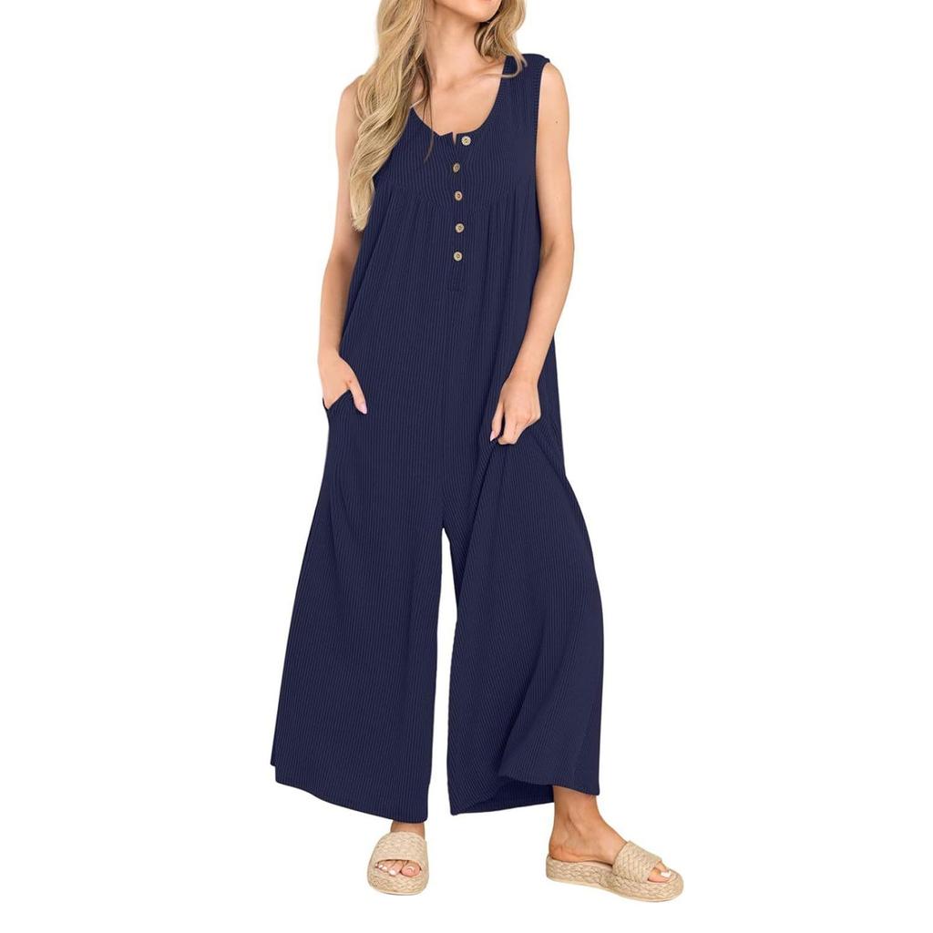Women's Button Up Solid Color Round Neck Fresh Casual Women's Pocket Jumpsuit