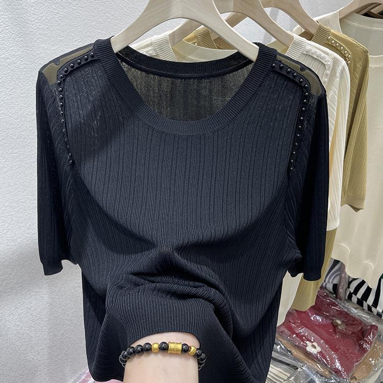 Круглая горловина белая футболка с короткими рукавами модный тонкий топ с бисером для ногтей свободный однотонный вязаный свитер для женщин