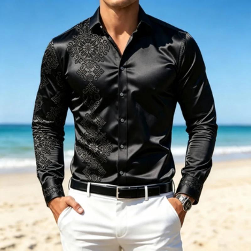 Fashion essential! Men's long-sleeve shirt with decorative patterns, smooth satin fabric.