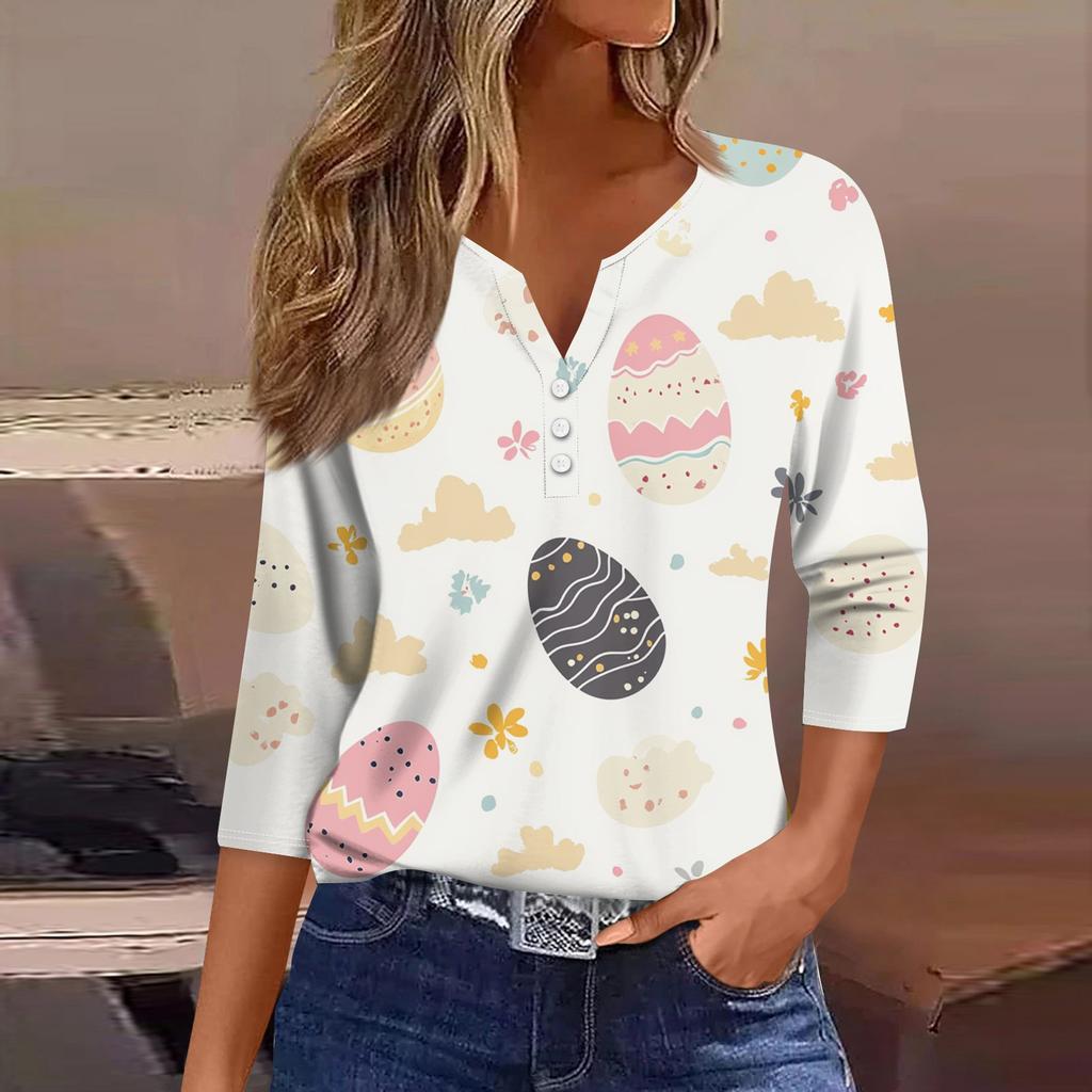 Жен. Футболка Футболка С принтом Пуговицы Рукав 3/4 Повседневные Выходные Мода Классический V-образный вырез Обычный Топ