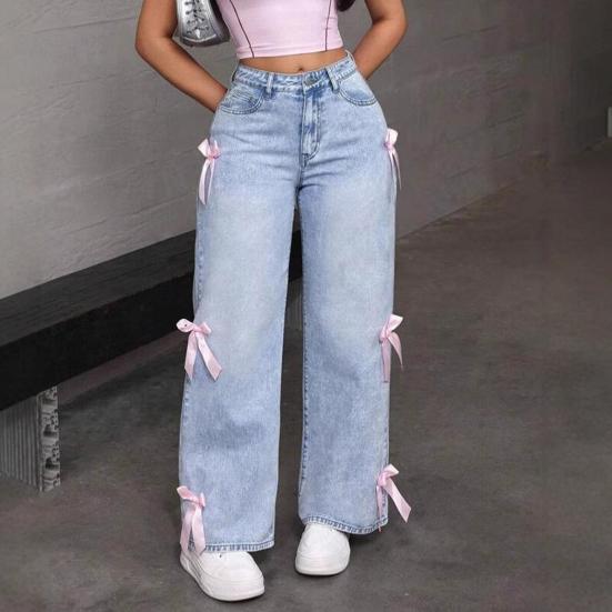 Женские широкие джинсы с украшением в виде галстука-бабочки, прямые джинсовые брюки с высокой талией, повседневные мешковатые джинсовые брюки