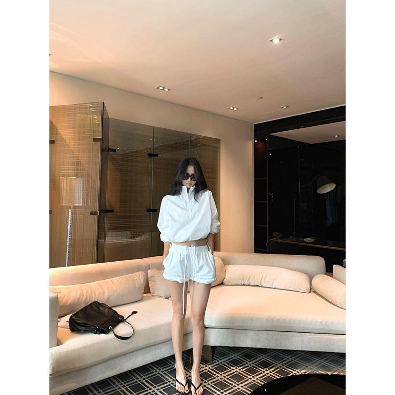 Kumikumi Stylish White Stand Collar Zip Long Sleeve Coat Women's Autumn Slimming Casual Pants Shorts Two-piece Set