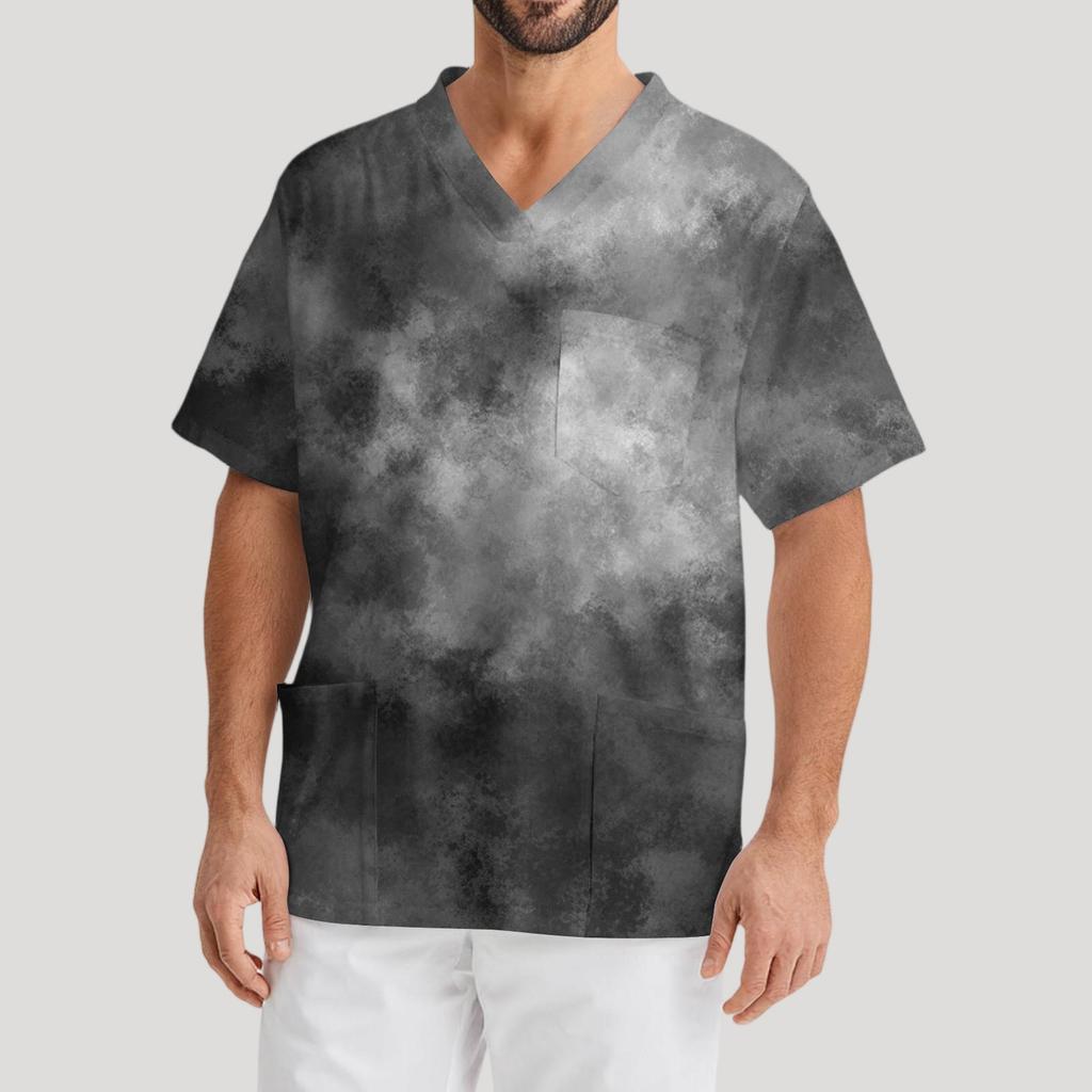 Мужская рабочая блузка с короткими рукавами и v-образным вырезом с принтом, топ с нагрудным карманом