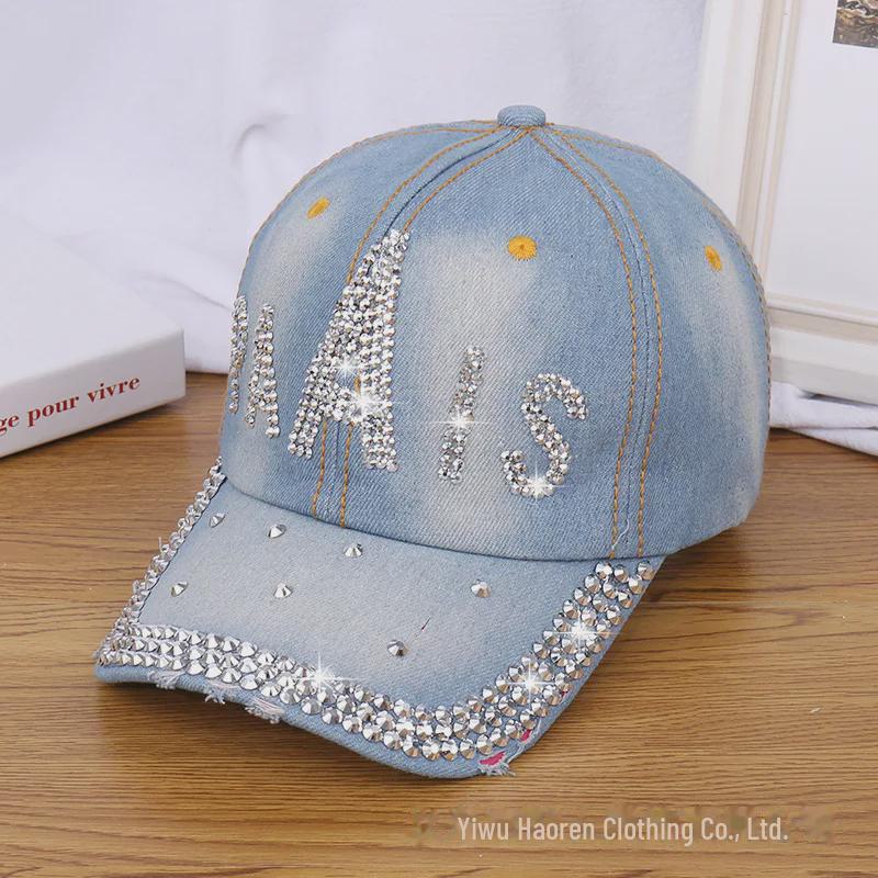 Women's Rhinestone Denim Baseball Cap - Paris Lettering Sun Hat