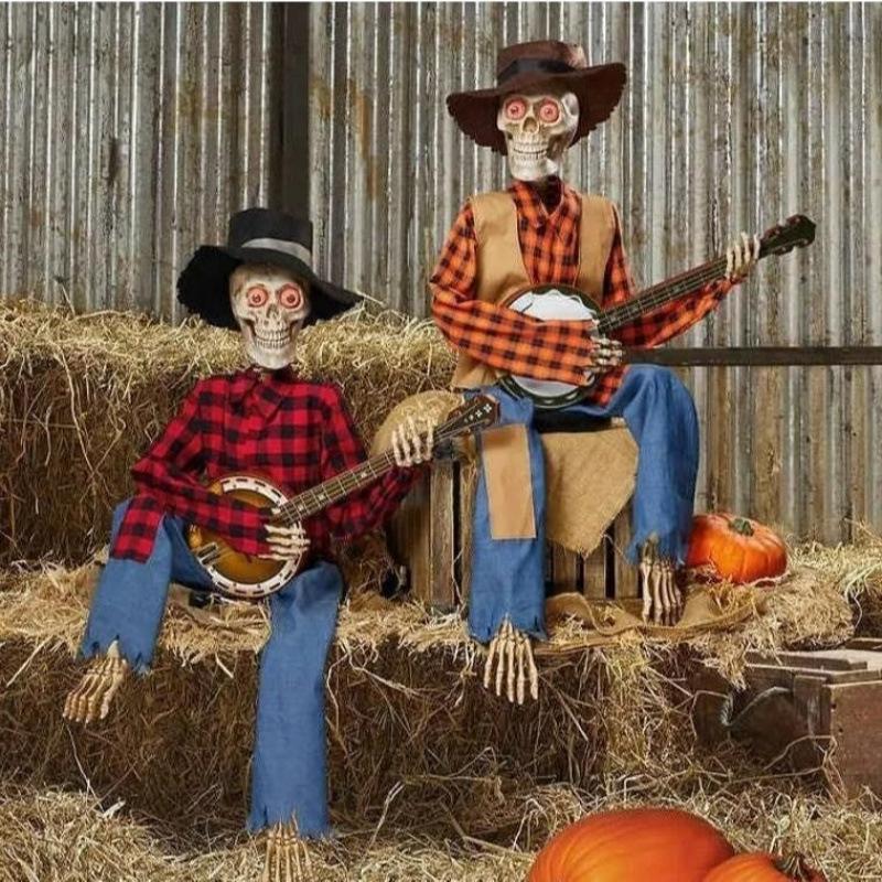 Halloween Animated Banjo Playing Skeleton Glowing Singing Cowboy Skull Guitar Statue with Moving Arms & Head, Spooky Music Gifts
