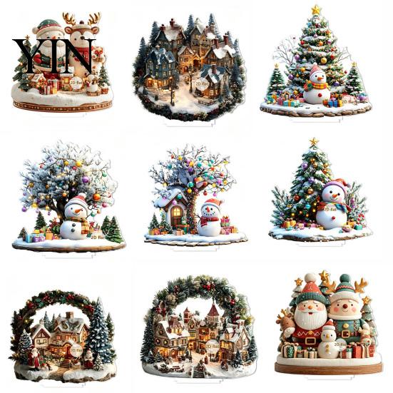 Seasonal Home Accents Christmas Village Houses Table Decoration, Snow Scene Patterns 2D Acrylic Santa Claus Hanging Decor Ornament, Decorative