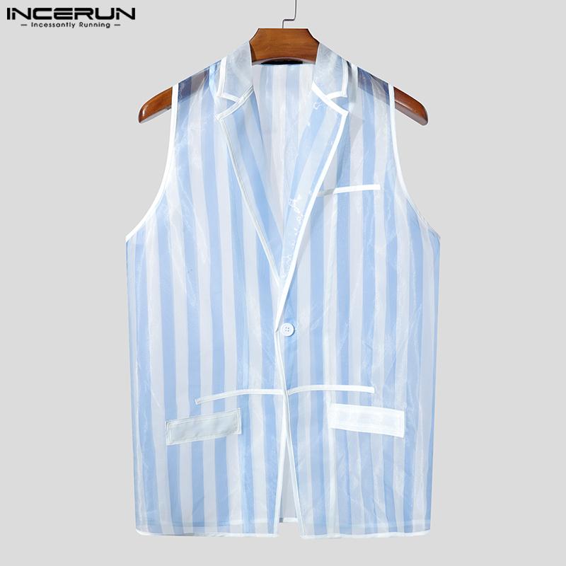 INCERUN Men Lapel Sleeveless Buttons Striped Transparent Mesh Sheer Waistcoats