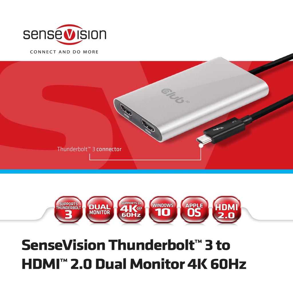 Club3D SenseVision Thunderbolt™ 3 to HDMI™ 2.0 Dual Monitor 4K 60Hz Dual Display Distribution Hub for Mac and Windows (CSV-1574)