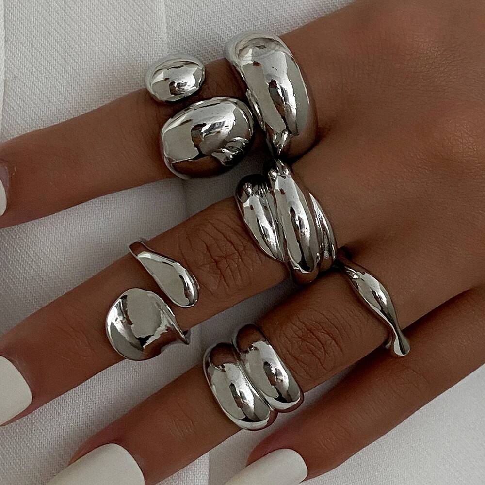 Ingemark 6Pcs/Set Classic Irregular Water Drop Open Rings for Women New Trend Punk Gold Color Geometric Ring Couple Jewelry Gift