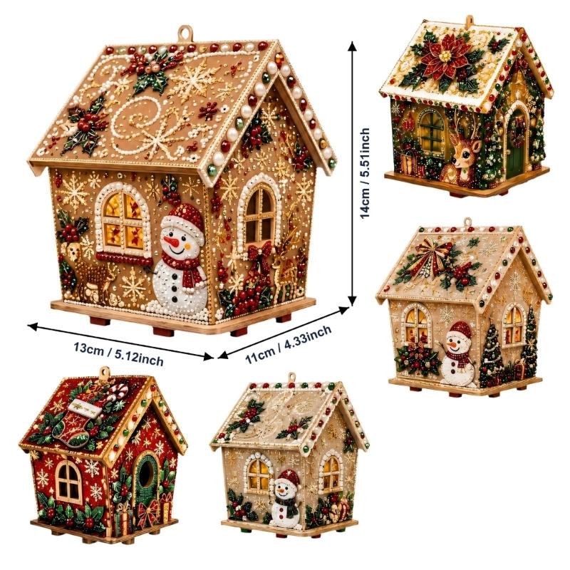 Christmas Faux Pearls Art House Set with 5 Assorted Holiday Motifs, Reflective Trim, Freestanding Stands, and Integrated Top Hangers for Display