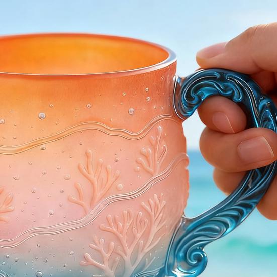 Кружка стеклянная «Океанский закат» Чашка для кофе в морском стиле с ручкой в виде волны Градиентные цвета Чашка для чая для горячих и холодных напитков