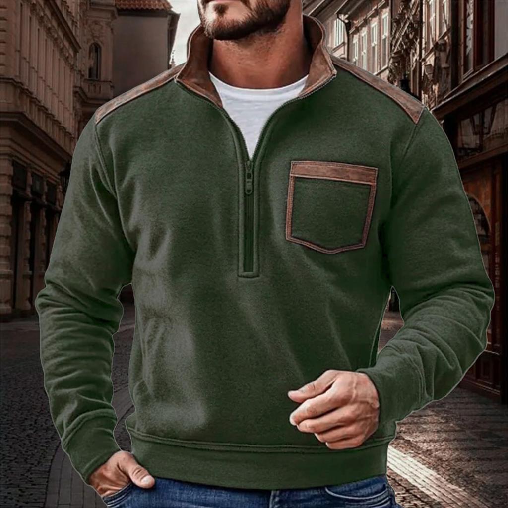 Mens Retro Fleece Sweatshirt With Pocket Color Block Slim Fit Long Sleeve Half Zip Pullover Shirt Trendy